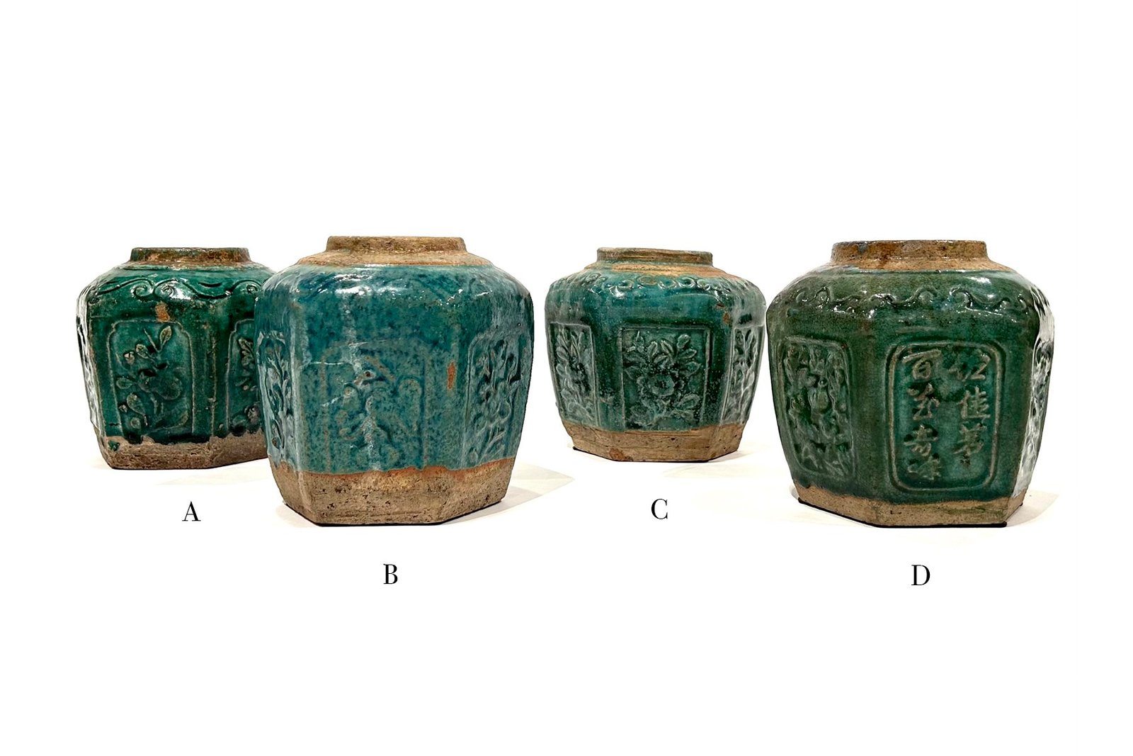 Four Antique Ceramic Salt Jars in Hexagonal Form