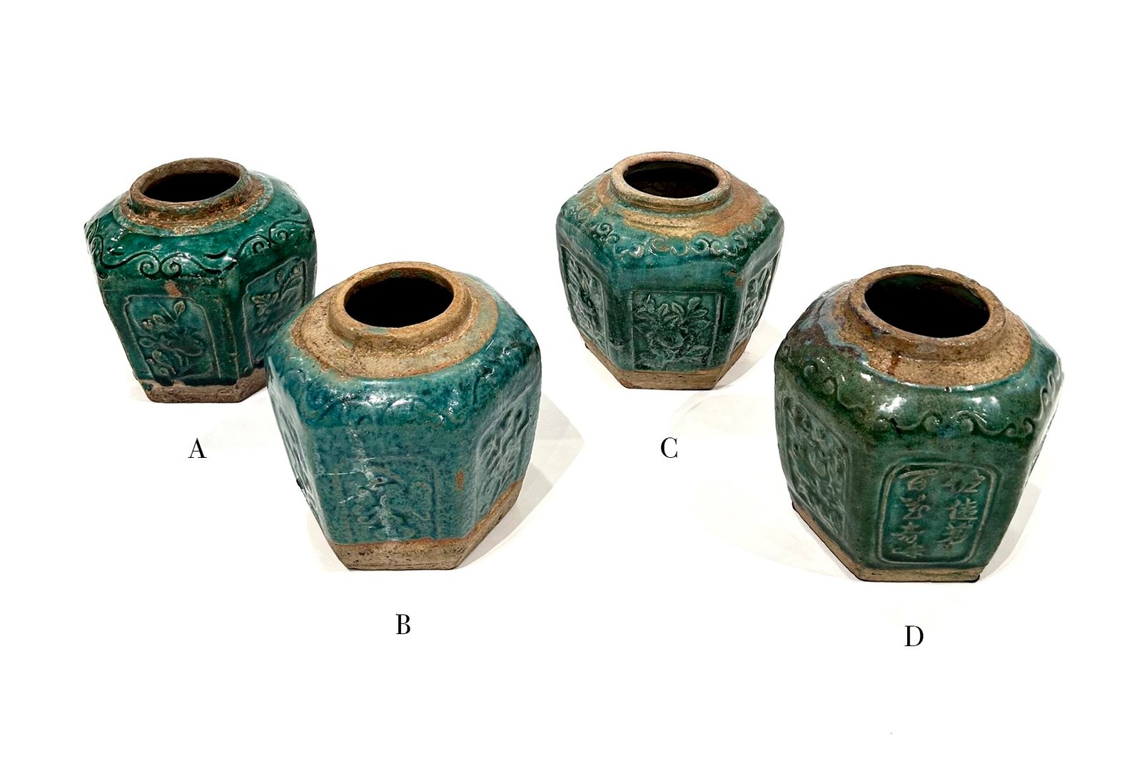 Four Antique Ceramic Salt Jars in Hexagonal Form