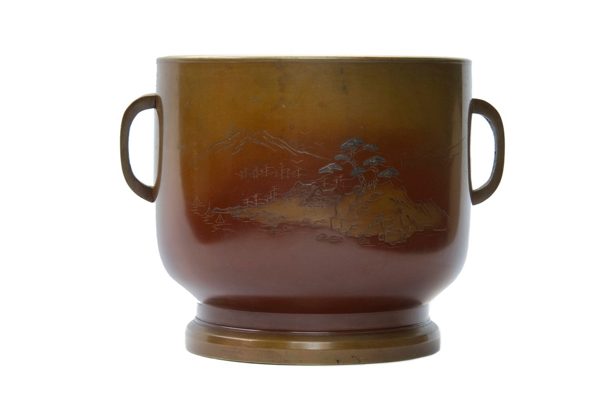Pair of Bronze Vintage Japanese Urns with Landscape Motif